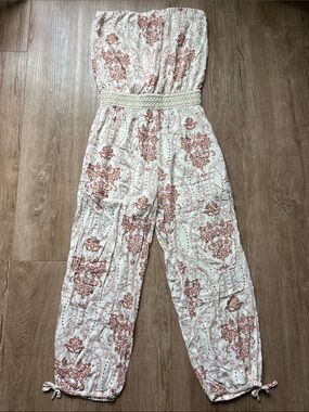 NWT Collective Concepts Cream Strapless Jumpsuit with Red Paisley Pattern Size L